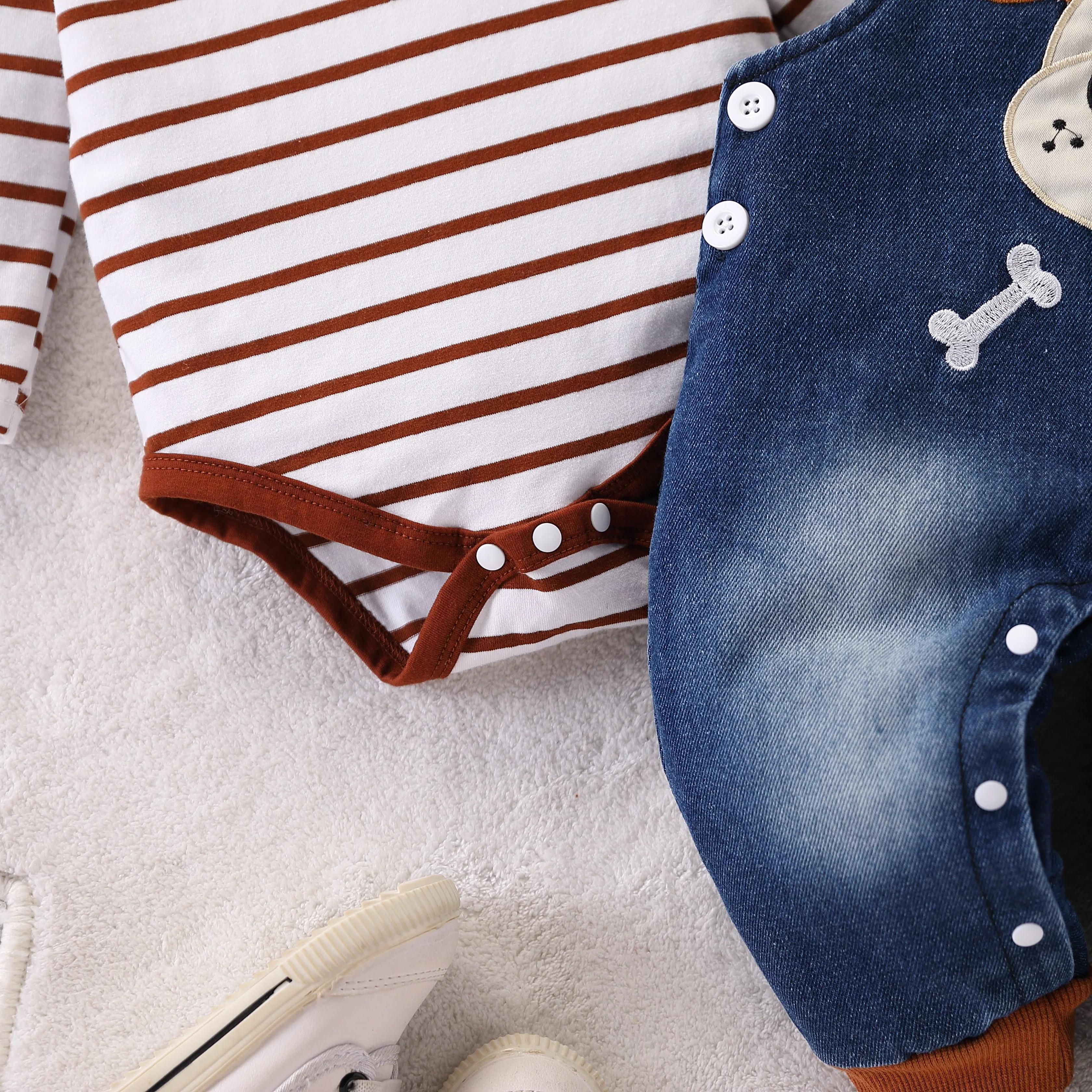 Combinaison rayée rouge et blanche pour bébé garçon + salopette en jean à motif de chiot mignon, ten