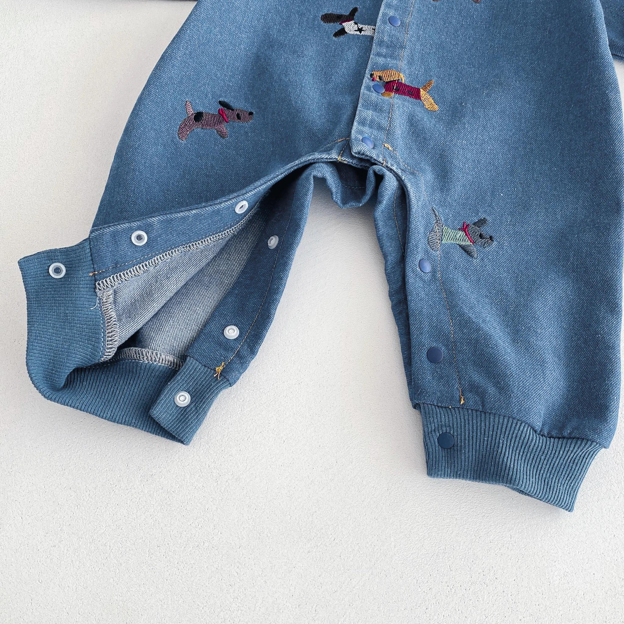 Costume une pièce pour bébé, vêtements d'automne en denim, vêtements rampants d'extérieur brodés pou