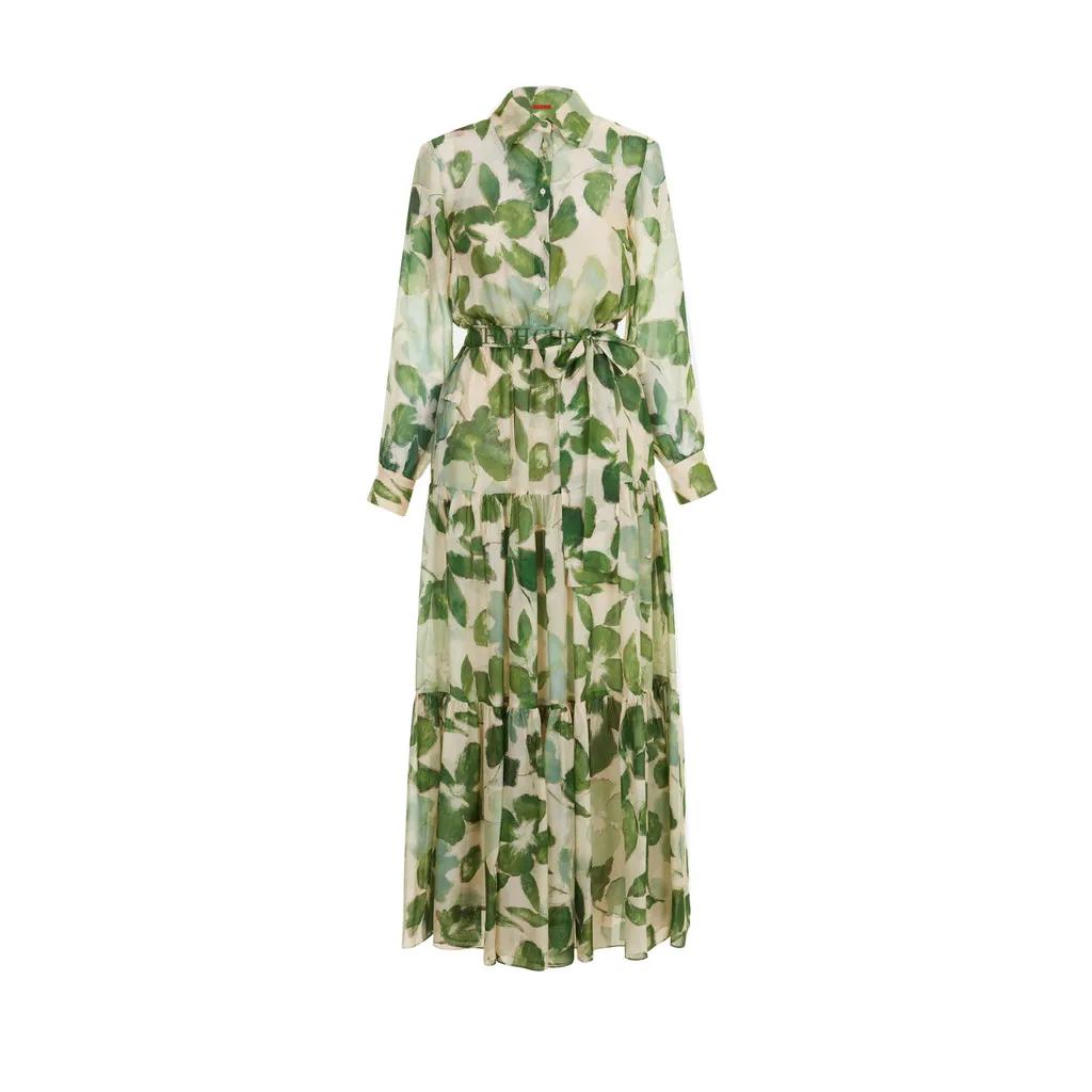 CHCH robe femme 2025 printemps nouveau col à manches longues fleur verte vacances
