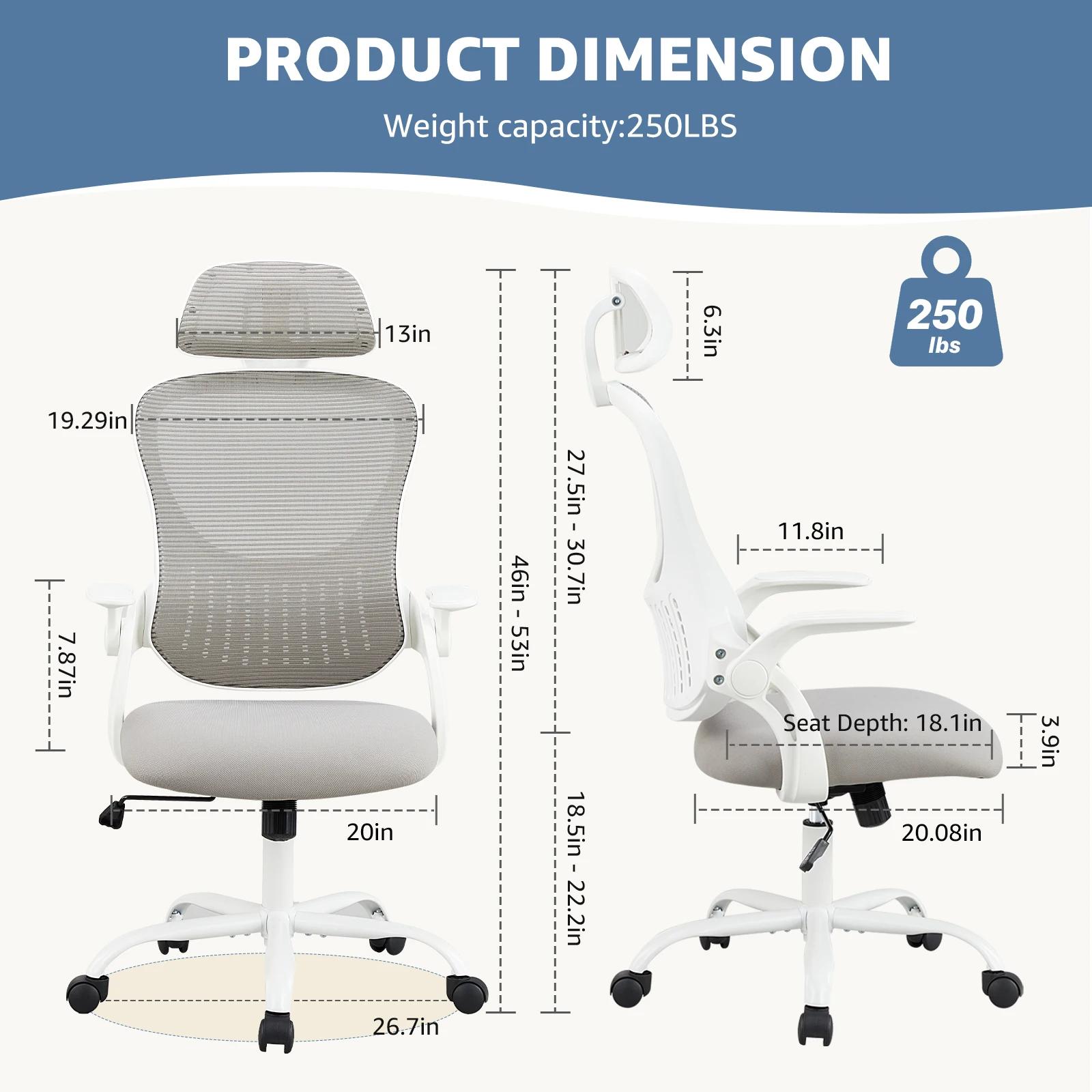 JHK – chaise de bureau ergonomique en maille, bras rabattables, appui-tête réglables, Support lombai