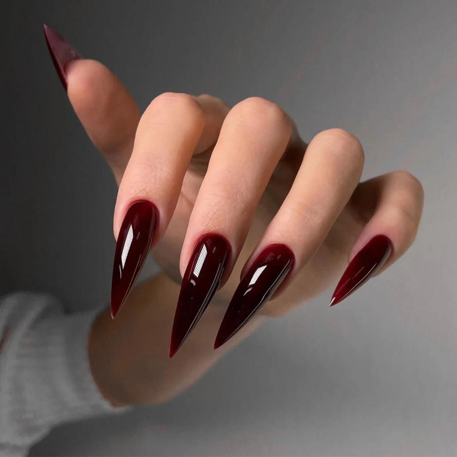 Ensemble de faux ongles noirs brillants, 24 pièces, pointes à pression, couleur unie, longs Stiletto