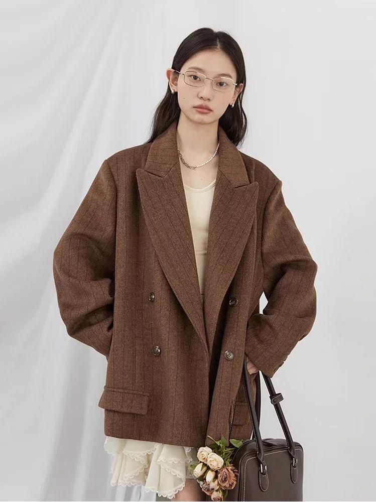 CHIC VEN-Blazer en laine vintage pour femme, veste à col en V, double boutonnage imbibé, manteau de