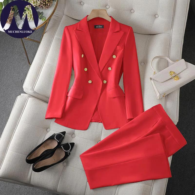 Ensemble deux pièces pour femmes, mode coréenne, blazer à manches longues et pantalon large, tenue d