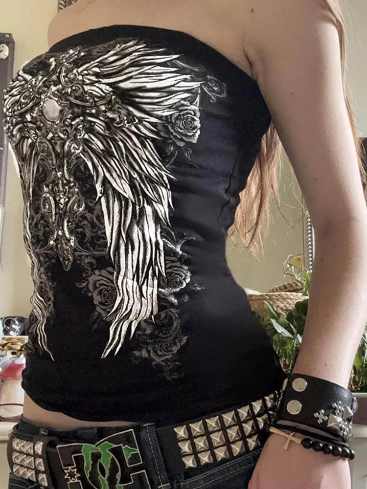 Haut tubulaire sans bretelles noir imprimé gothique pour femmes, slim, court, décontracté, Chic, gra