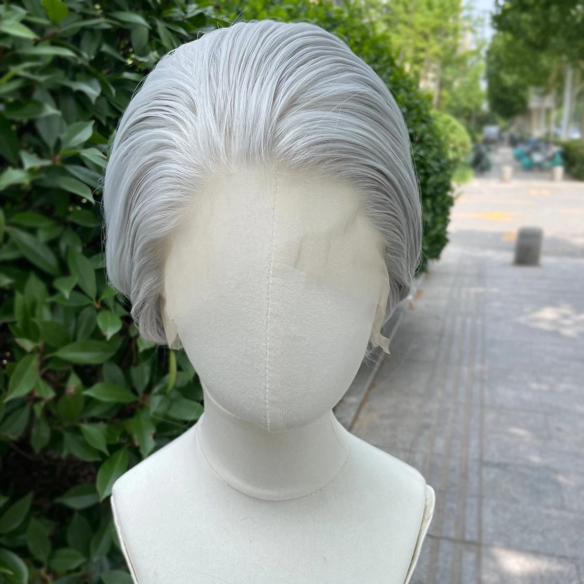 Perruque Lace Front Wig synthétique courte coupe Bob gris argenté, perruques de Cosplay pour hommes