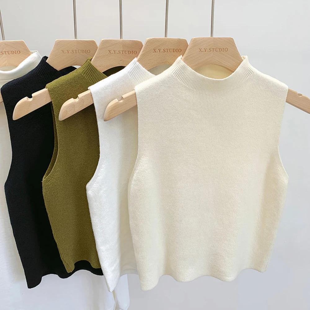 Débardeur femme couleur unie t-shirts tricotés recadrée Camisole pull demi-col roulé printemps autom