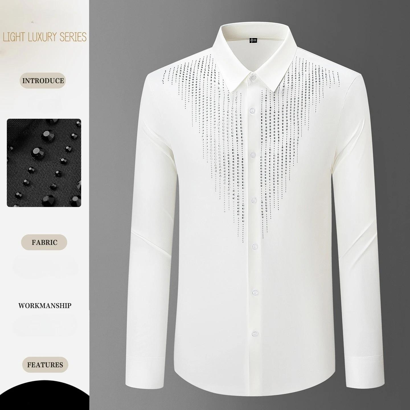 Chemise de luxe à manches longues avec strass pour hommes, robe de soirée pour Banquet social, burea