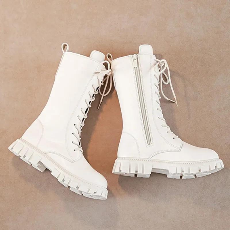 Bottes mi-mollet en cuir blanc à lacets pour filles, avec fermeture éclair latérale, semelle souple,