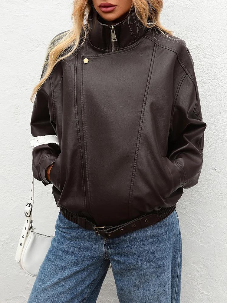 Ailegogo nouveau printemps automne femmes Streetwear rétro ample veste en simili cuir Moto Biker fem