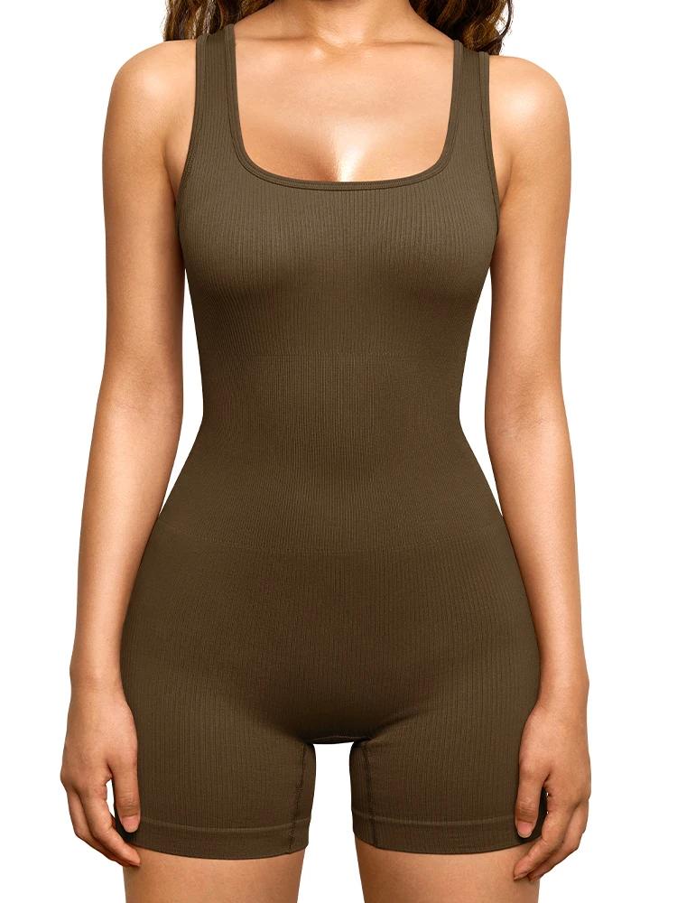 Combinaison yoga sans couture col en U - Sans manches élastique séchage rapide femme sport
