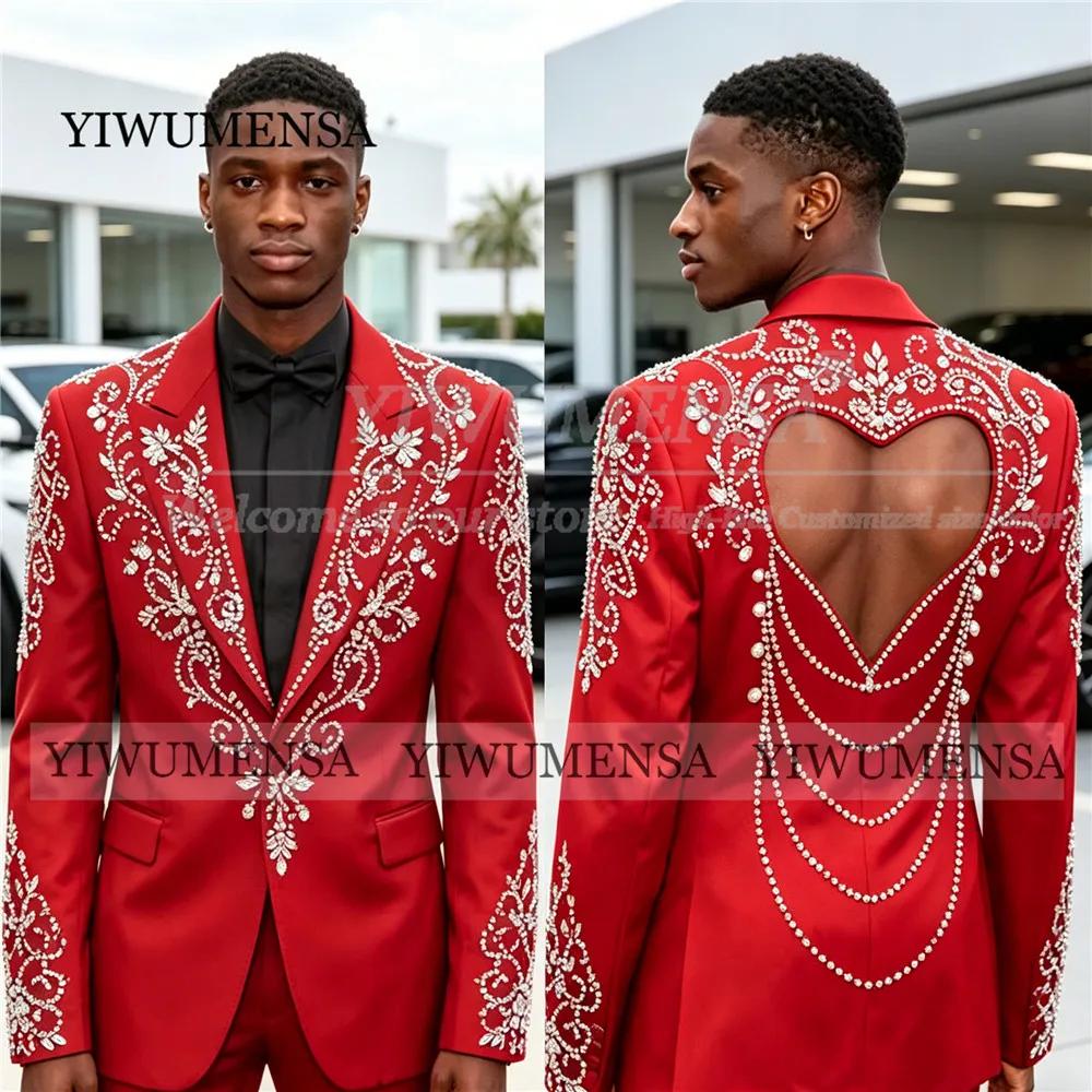 Costume de mariage rouge exclusif pour le marié, blazer dos nu orné de perles et de strass, ensemble