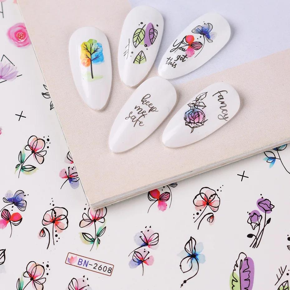 Autocollant de fleurs d'encre pour Nail Art, 12 pièces, décalcomanie d'eau d'été, fleurs en fleurs,
