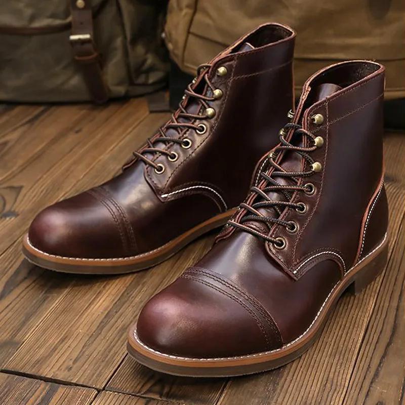 Amekaji Bottes de moto en cuir vintage, bottes du désert à bout pointu véritable avec semelle épaiss