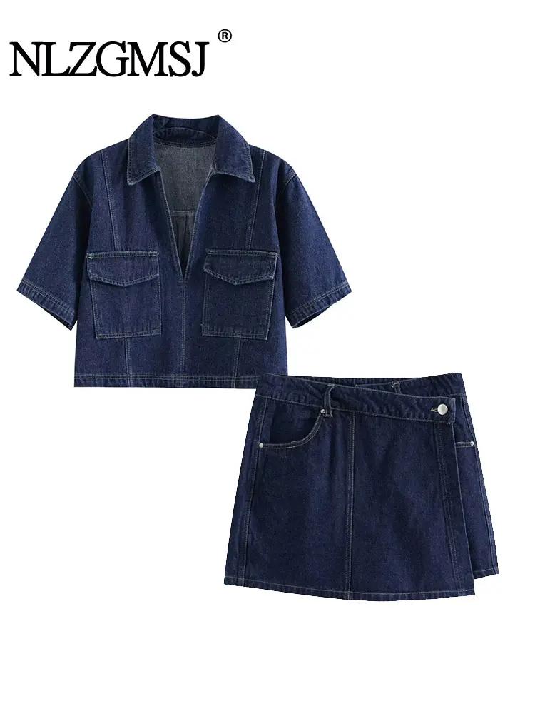 2025 mode femme poche à rabat décoration col rabattu court coupe ajustée haut en jean + jupe en jean