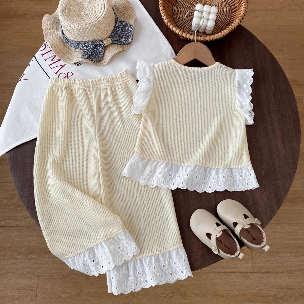 Ensembles de vêtements pour filles, été, dentelle unie, gilet en dentelle tricotée + pantalon large,