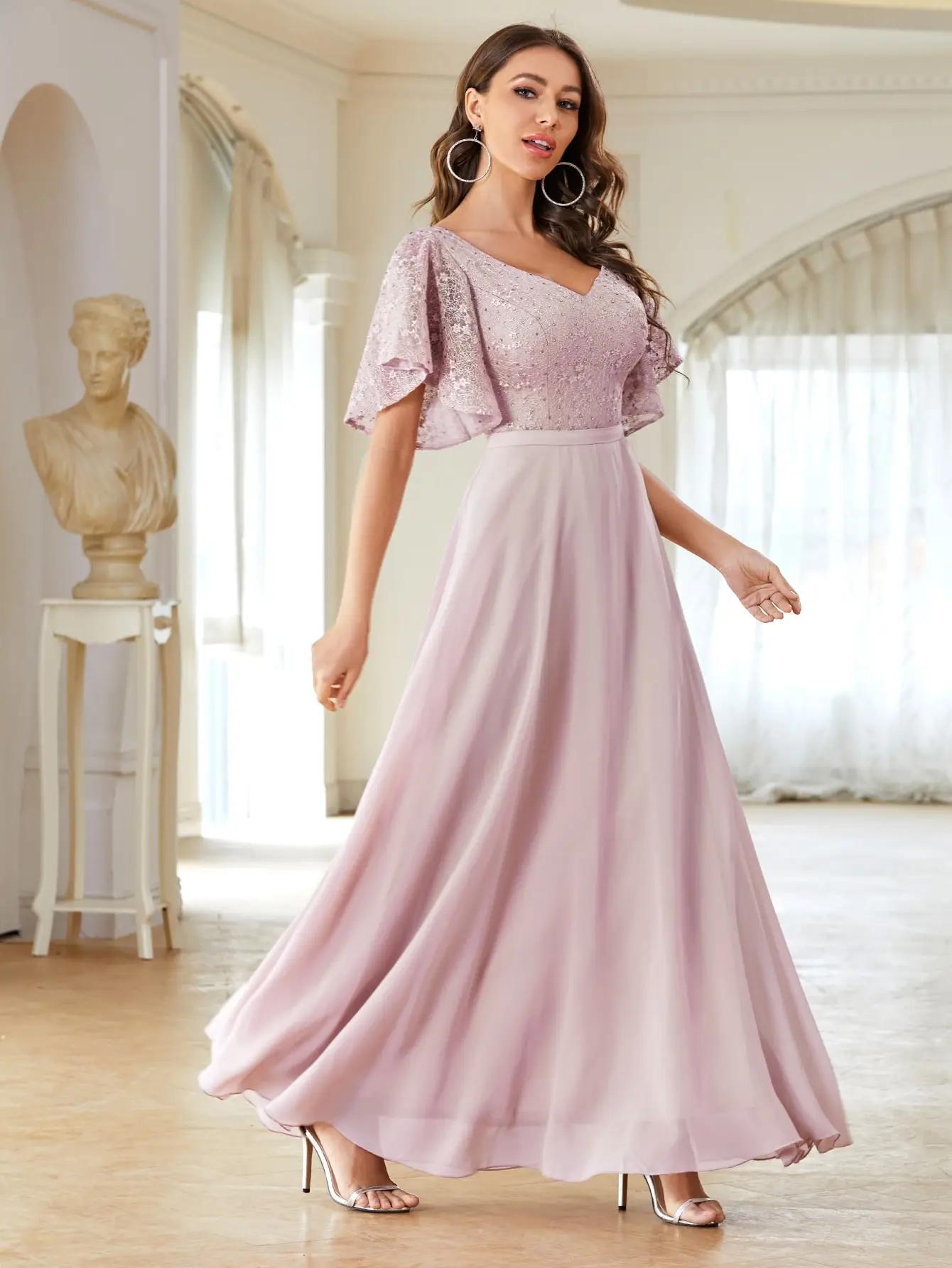 Mgiacy col en v demi manches en mousseline de soie extra longue dentelle patchwork robe élégante rob