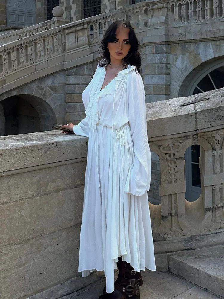 HH – robe longue de plage pour femmes, blanche, col en v, manches longues, bord à volants, décoratio