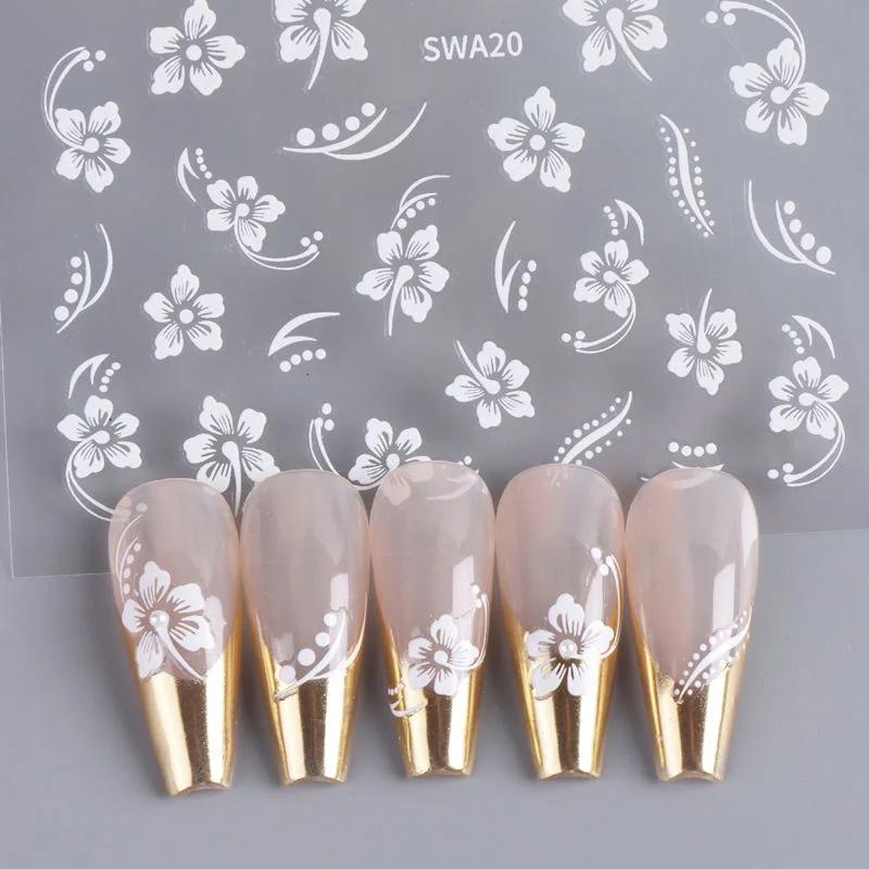 Autocollant en relief pour ongles, fleur d'hibiscus 5D, acrylique, rose, blanc, feuille de pétale d'