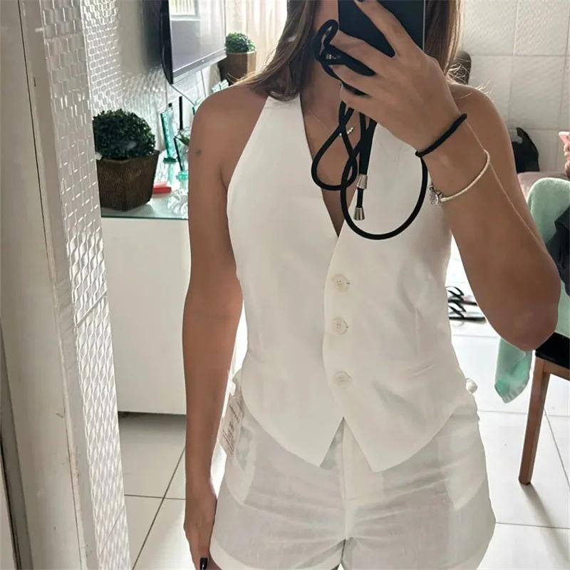 MUJER épaules dénudées gilet sans manches femmes noir blanc recadrée gilet femme mode dos nu col en