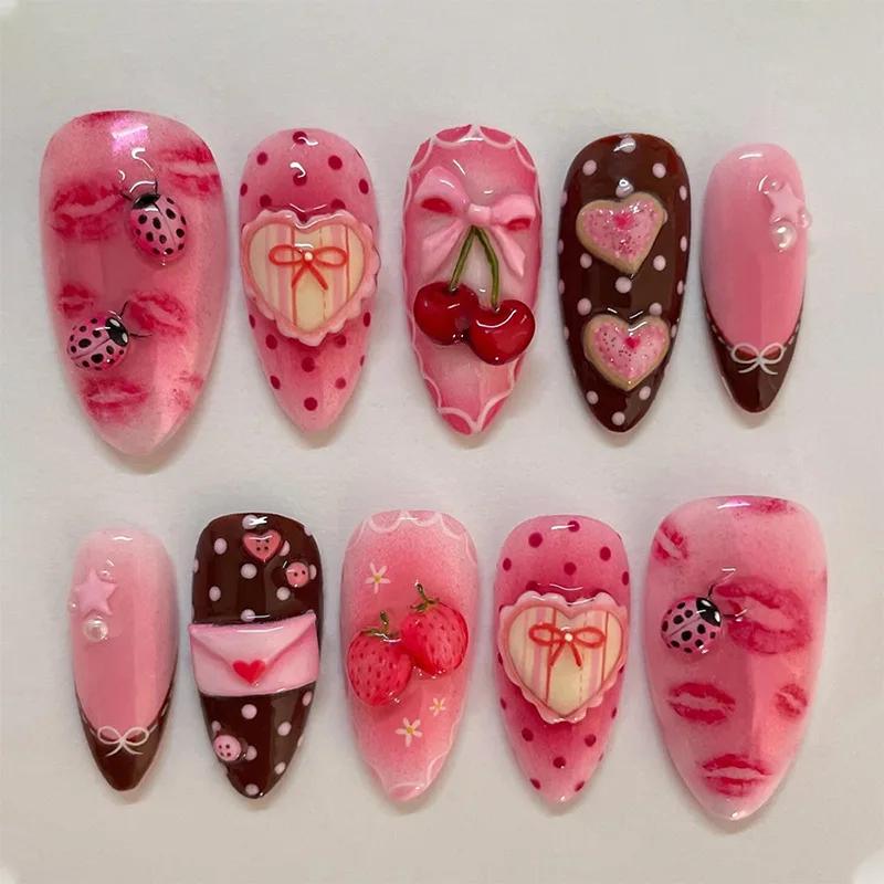 Faux ongles colorés d'été en amande, 24 pièces, avec fleurs 3D, peintures de plage, à pression, couv