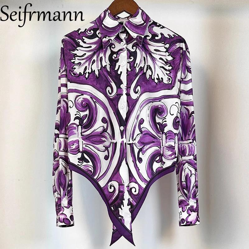 Seifrmann élégant femmes hauts col rabattu simple boutonnage à manches longues mode imprimé chemise
