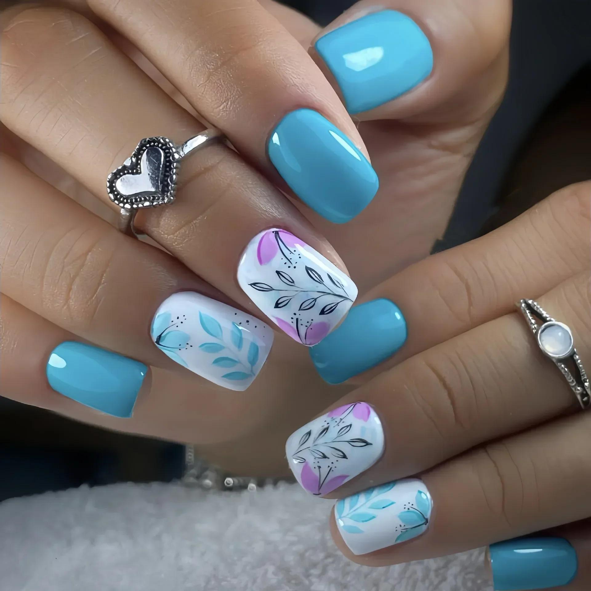 Faux ongles carrés courts et verts, 24 pièces, avec colle, flore, brillant, Simple, couverture compl
