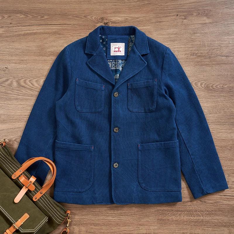 Veste Cargo Indigo en Coton pour Homme, Manteau à Revers, Multi-Poches, Vintage, Optique Française,