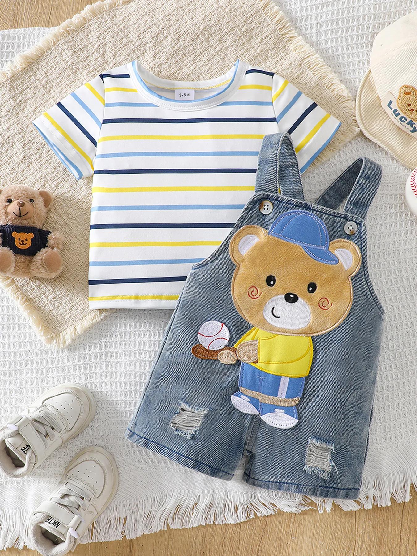 Ensemble t-shirt rayé à manches courtes et salopette en jean pour bébé garçon, ensemble deux pièces