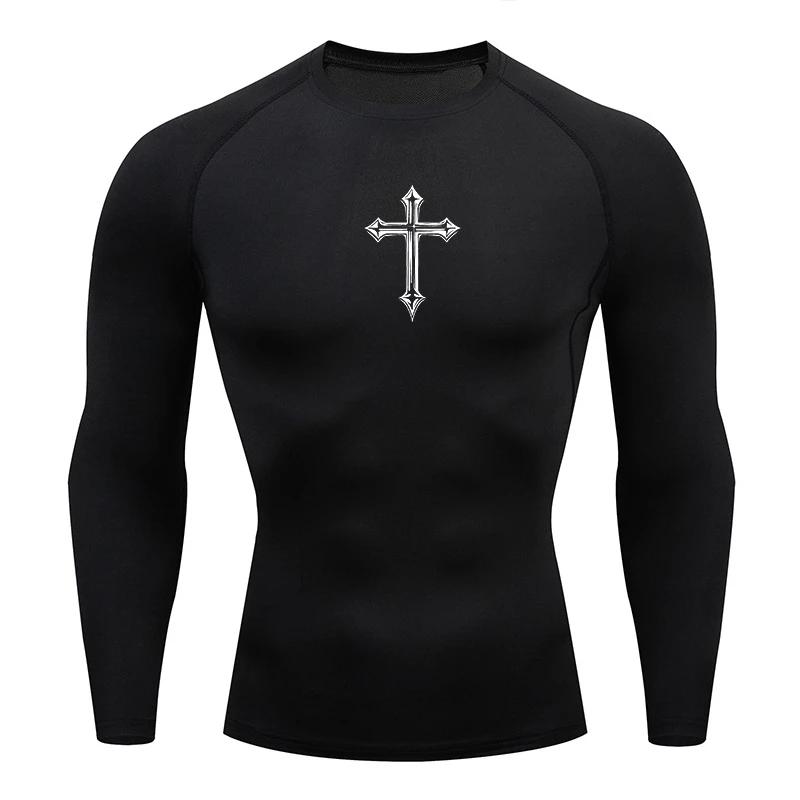Chemise de compression à imprimé croisé pour hommes, t-shirt athlétique chrétien, hauts d'entraîneme