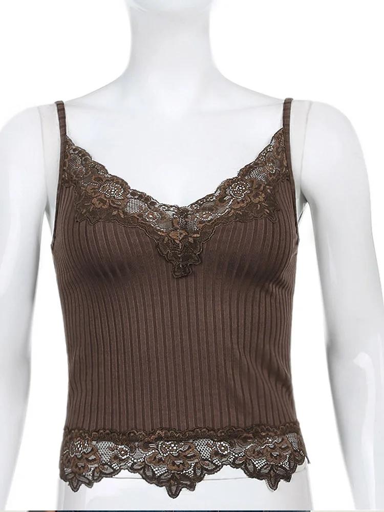 Gothique basique moulante femmes Camis Grunge Punk noir décontracté dentelle garniture culture hauts