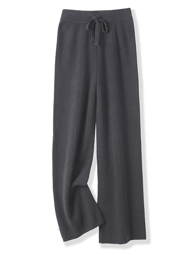 Pantalon tricoté en laine mérinos pour femme, jambes larges, basique, doux et chaud, en cachemire, d