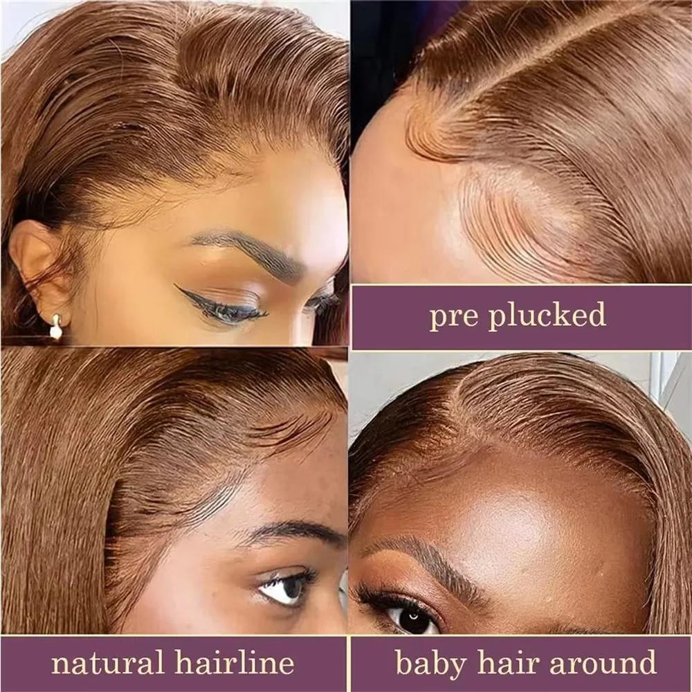 Perruque courte en cheveux humains de 14 pouces # 4 Lace Frontals Transparentes Marron Chocolat 13x4