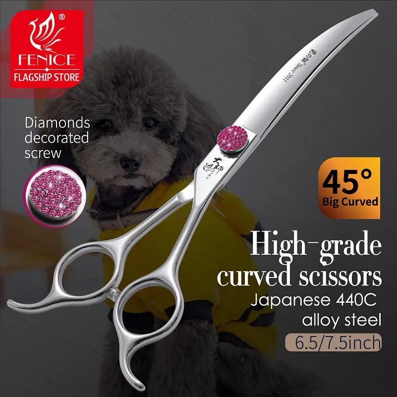 Fenice Pink Diamond Screw Pet Ciseaux super incurvés 45 ° Ciseaux de toilettage pour chiens de com