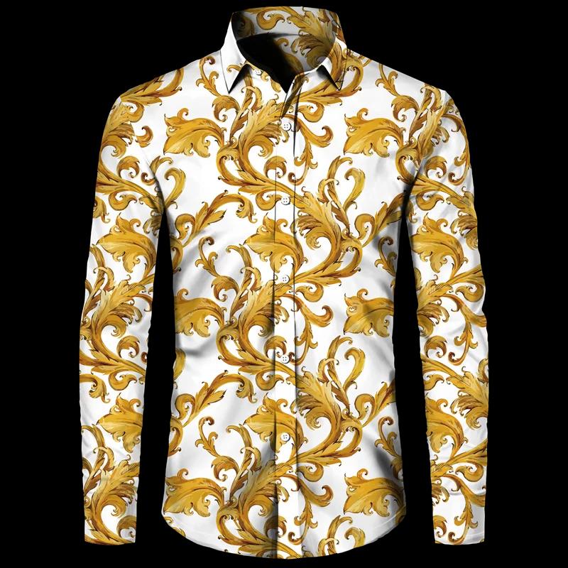 Chemises imprimées à motif de fleurs dorées pour hommes, cardigan décontracté à simple boutonnage, c