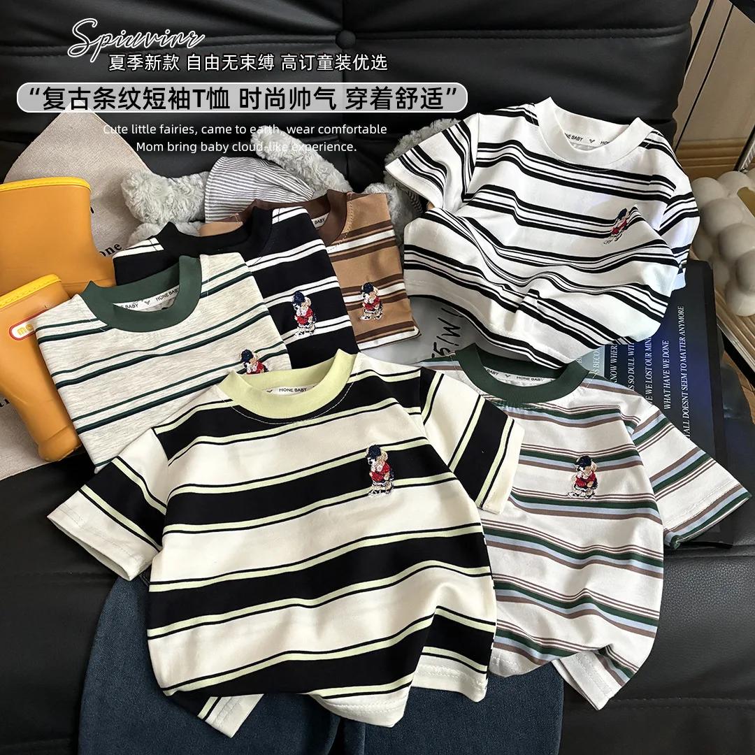 T-shirt d'été à manches courtes en coton pour enfants, à rayures, pour garçons et filles, hauts à la