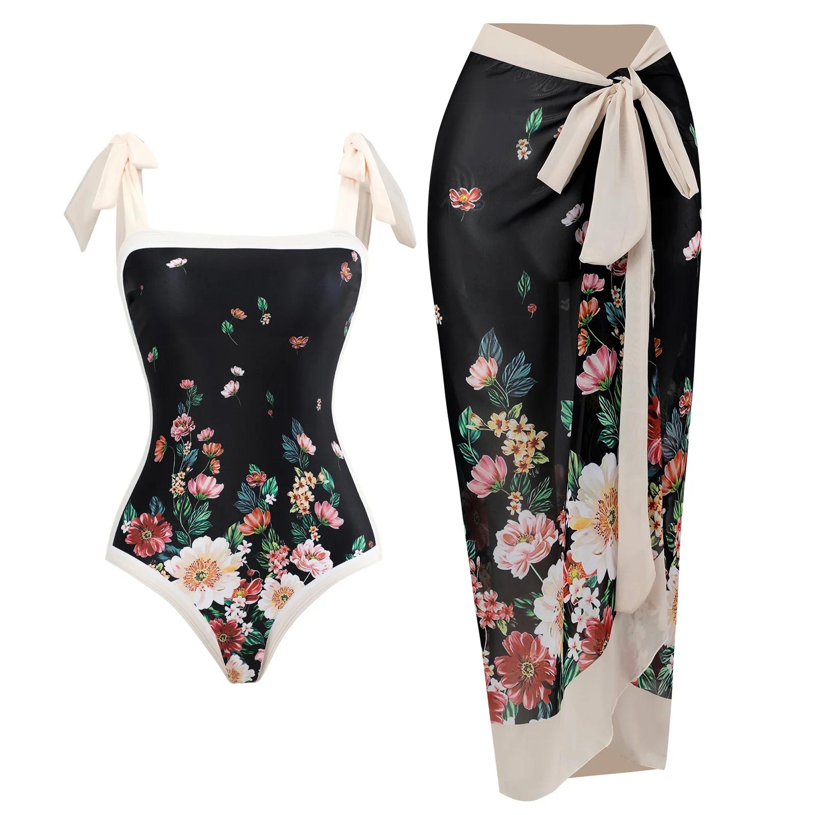 Maillot de bain une pièce imprimé pour femme 2026 avec jupe de plage – Tenue de bain estivale