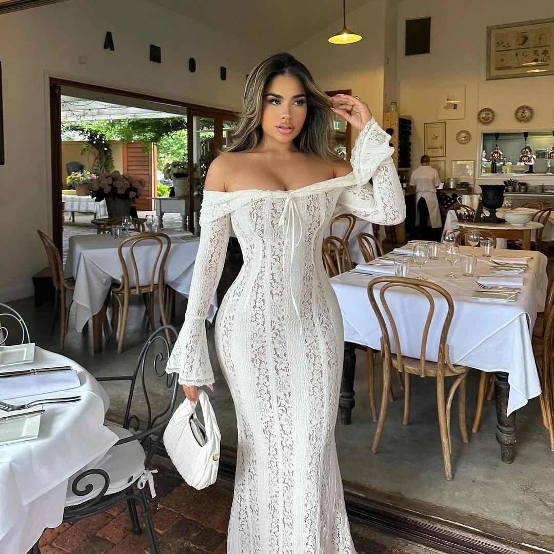 Oligai Robe Longue Dentelle Blanche Femme 2024 - Robe Épaules Dénudées Manches Évasées Bodycon pour