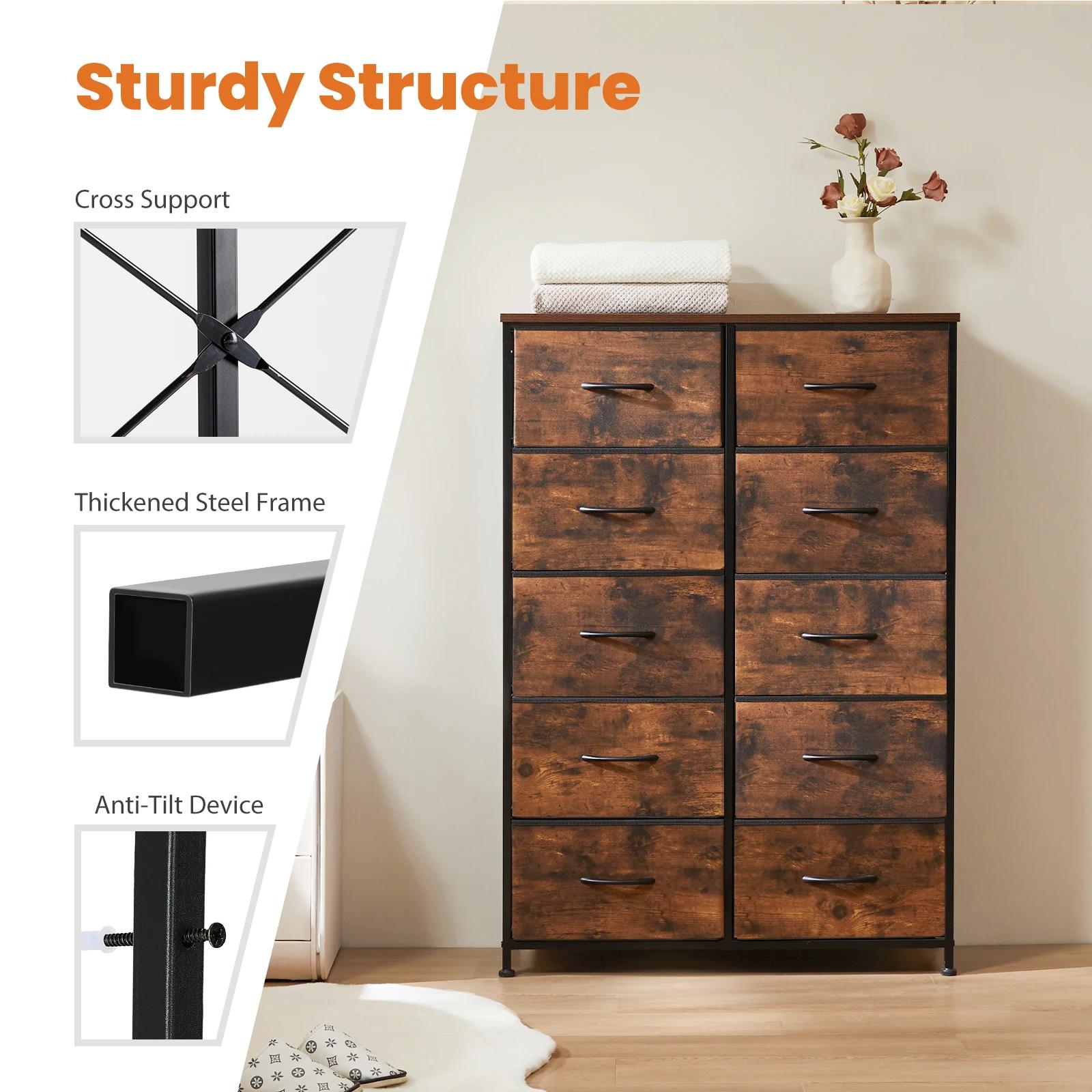 JHK Table de chevet pour chambre à coucher avec 10 tiroirs en tissu armoire cadre en acier placard p
