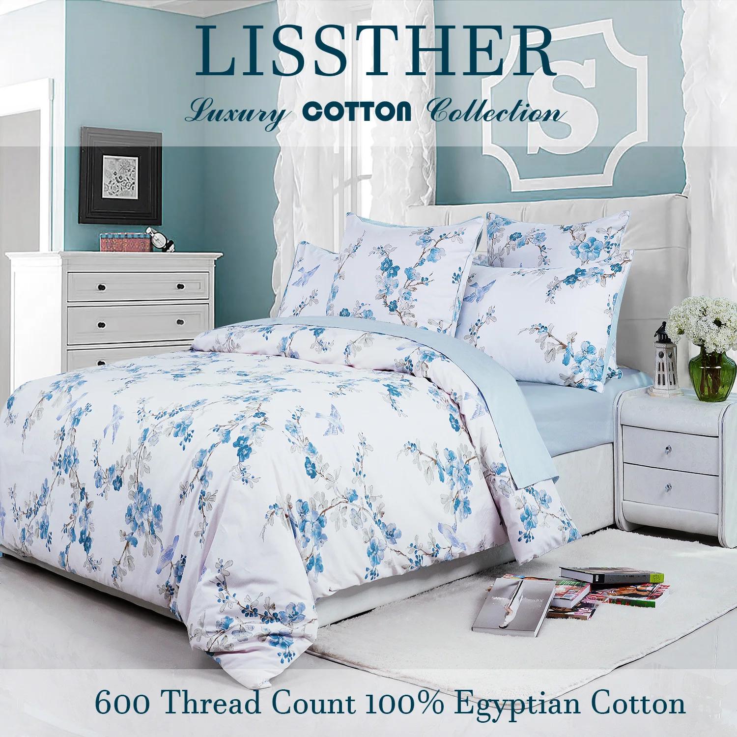 Ensemble de housse de couette 100% coton égyptien 600TC, 3 pièces, motif Floral aquarelle bleu, doux