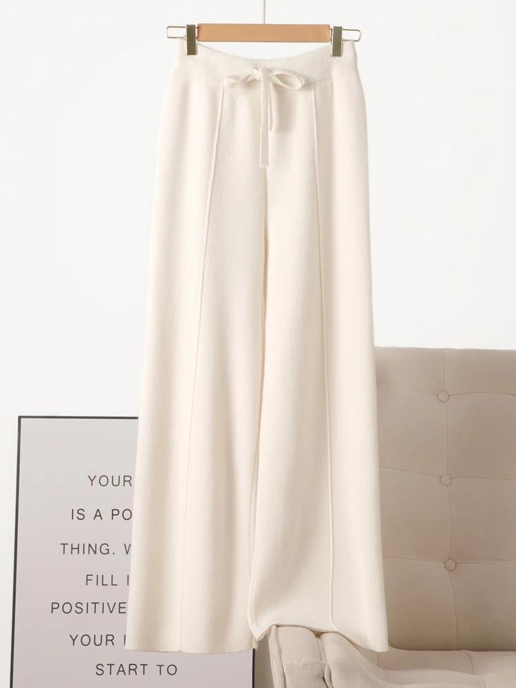 Pantalon tricoté en laine mérinos pour femme, jambes larges, basique, doux et chaud, en cachemire, d