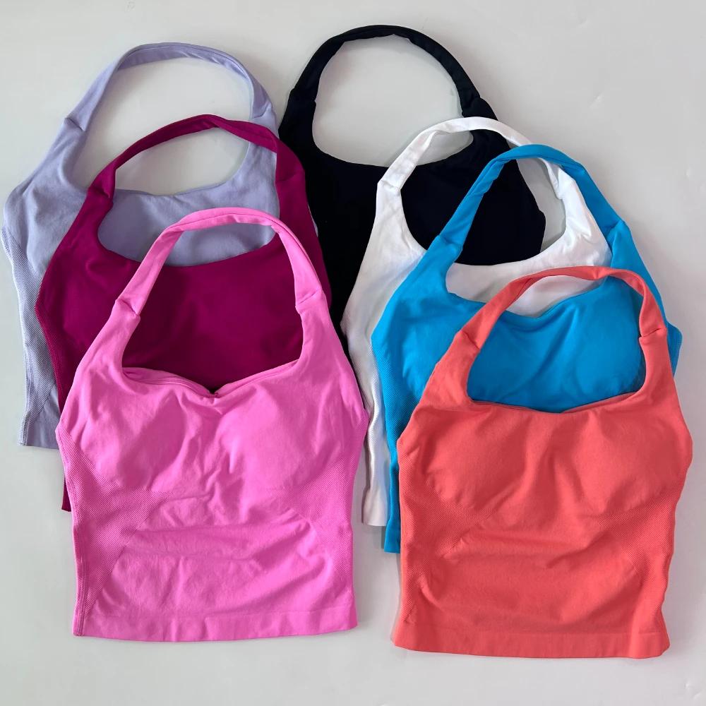 Sans Logo sans couture haut à licou dos nu palangre à bretelles rembourré haut de sport femmes souti
