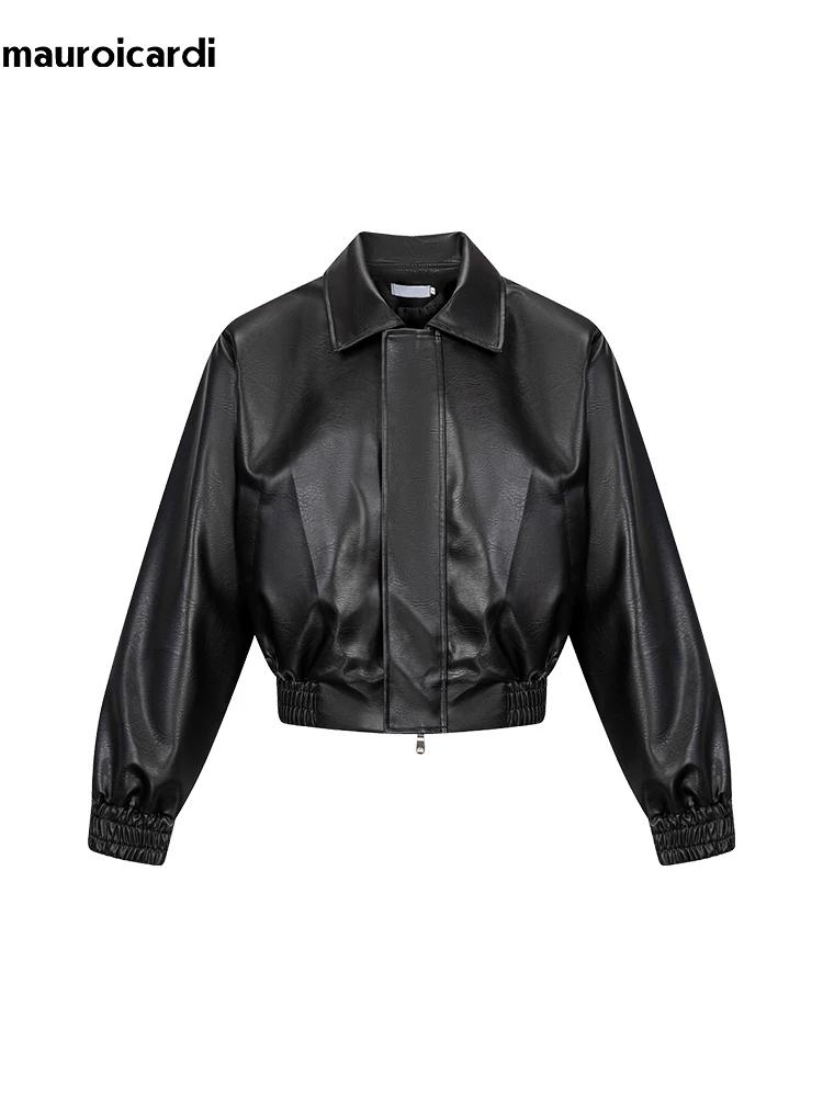 Mauroicardi printemps automne Cool surdimensionné court noir doux Pu veste en cuir hommes fermeture