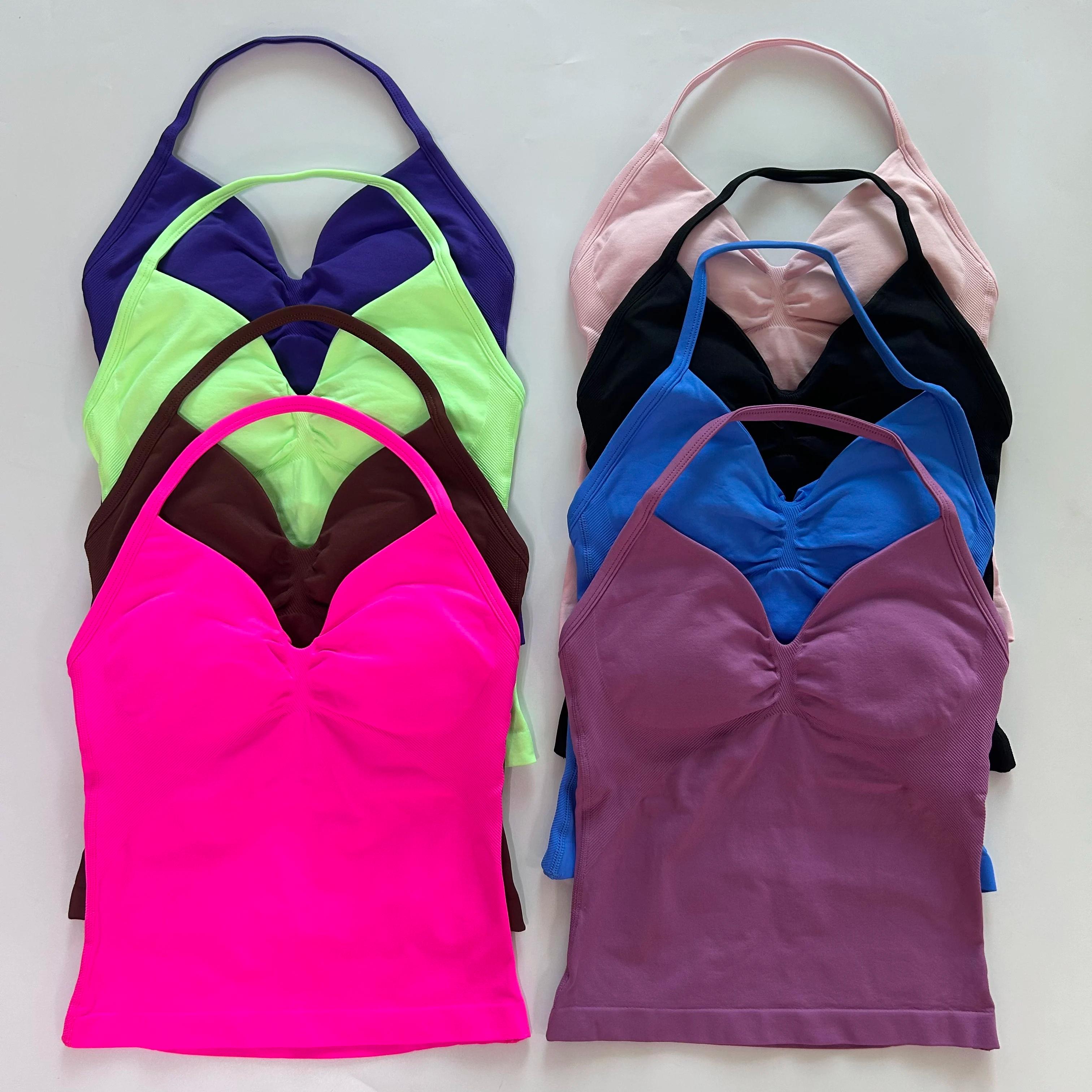 Débardeur de yoga pour femmes sans couture - Bretelles fines, dos nu, soutien-gorge intégré et froncé
