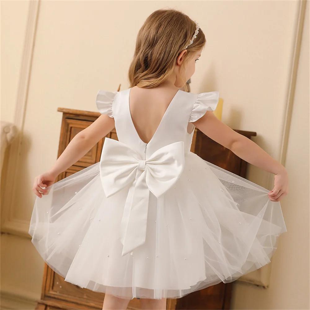 Robe en tulle bleu à dos nu pour petite fille, tenue de fête, princesse, avec nœud papillon