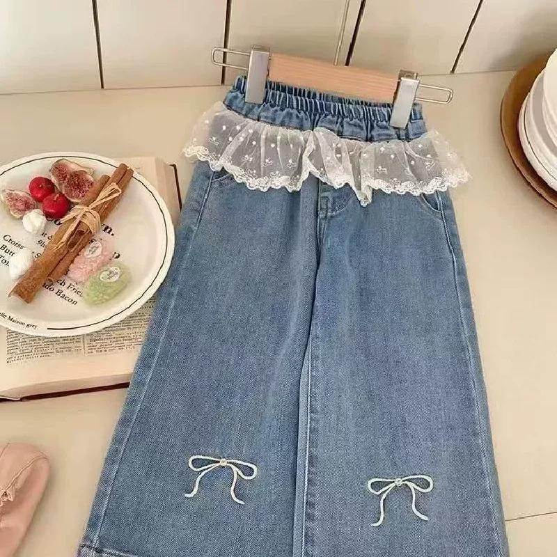 Pantalon en jean brodé avec dentelle pour filles, nouveau jean à nœud brodé, vêtements pour enfants,