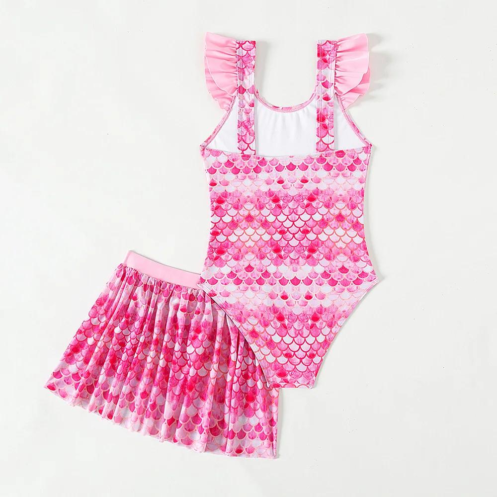 Maillot de bain une pièce avec jupe pour filles - Imprimé sirène rose plage été enfants baignade