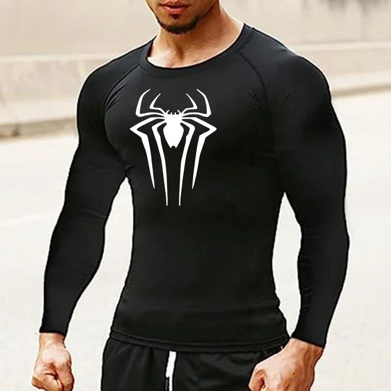 Chemises de Compression à manches longues imprimé araignée pour hommes, sous-vêtements d'entraînemen