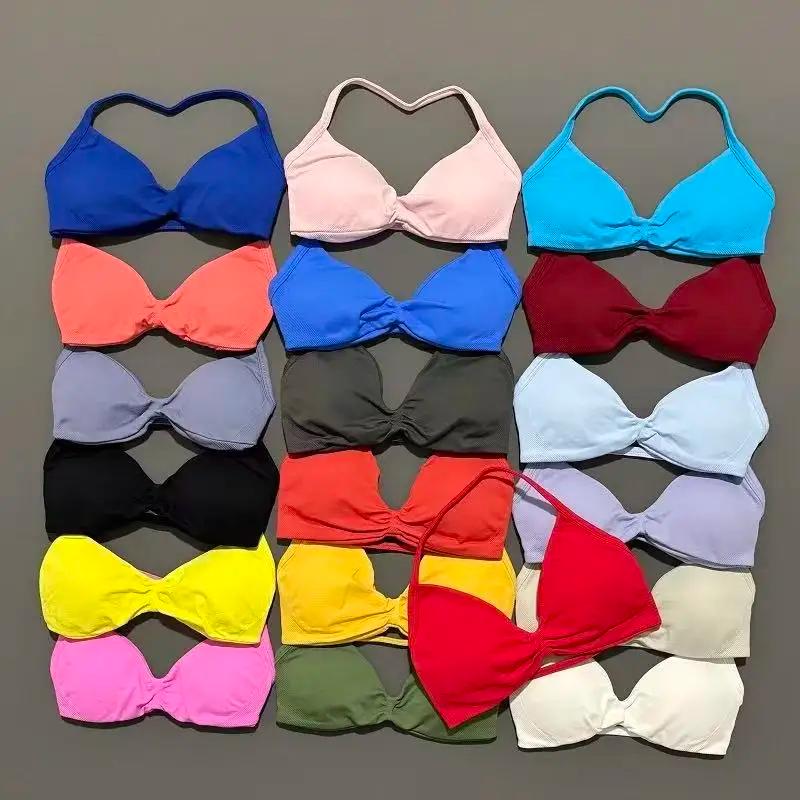 Soutien-gorge de sport push-up sexy à bretelles et dos ouvert, haut court de gym avec coussinets amo