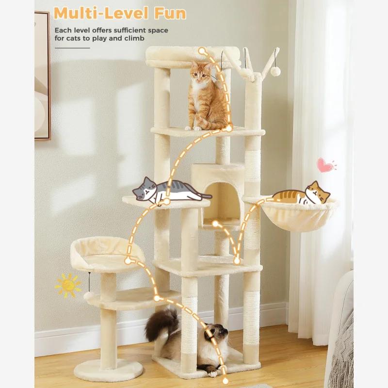 Arbre à chat à plusieurs niveaux pour chats d'intérieur, tour à chat avec griffoir recouvert de sisa