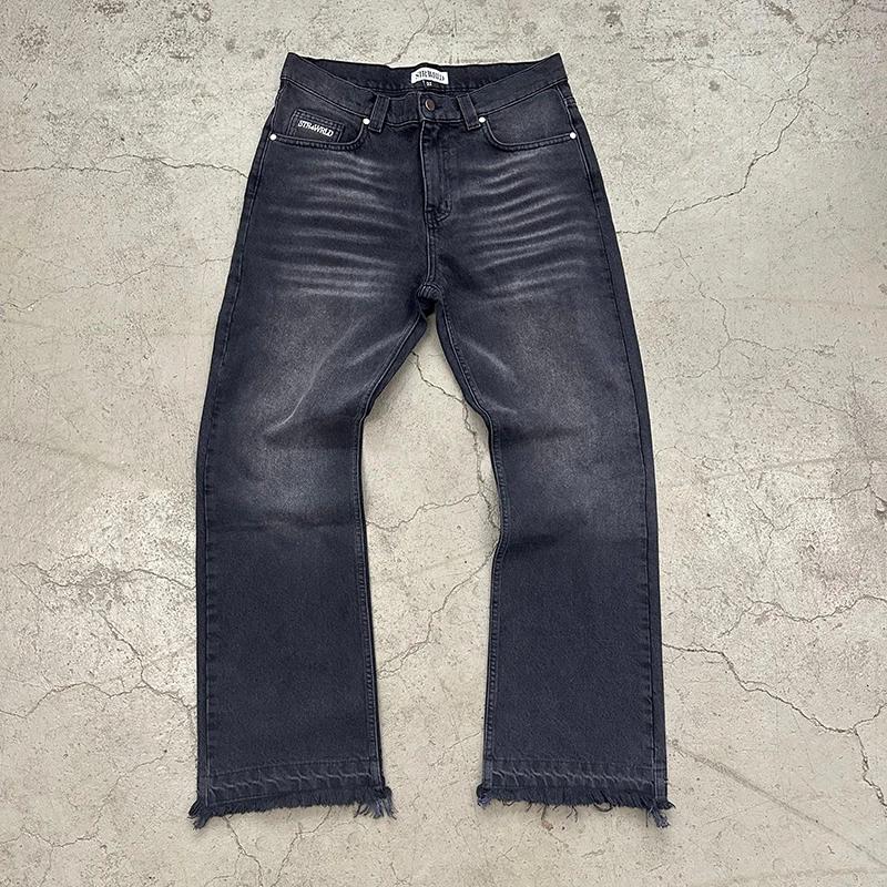 Jean unisexe coupe droite délavé style décontracté streetwear, effet vieilli rétro, nouvelle collect